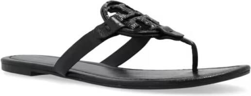 TORY BURCH Slippers & Mules Black Leather Mules With Signature Logo Strap in grijs