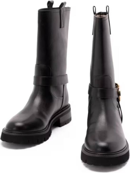 Twin-Set Boots Mid-Calf Black Leather Boots With Buckle Fastening in zwart