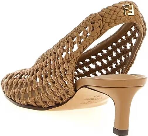 Fendi Hoge hakken Hand-Woven Leather Slingback With Metal Logo in bruin