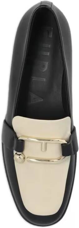 Furla Black Leather Loafers With Buckle Detail in zwart