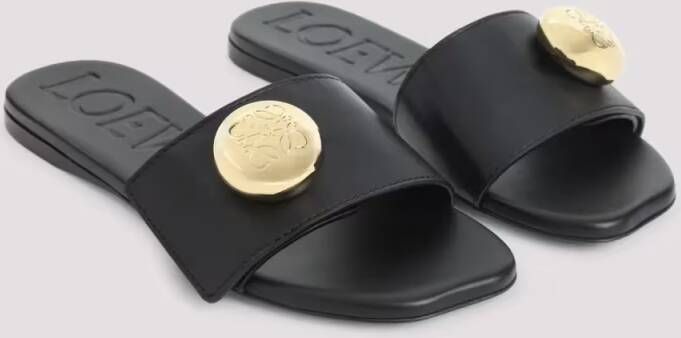 Loewe Sandalen Elegant Black Calf Leather Sandals With Gold Embel in zwart