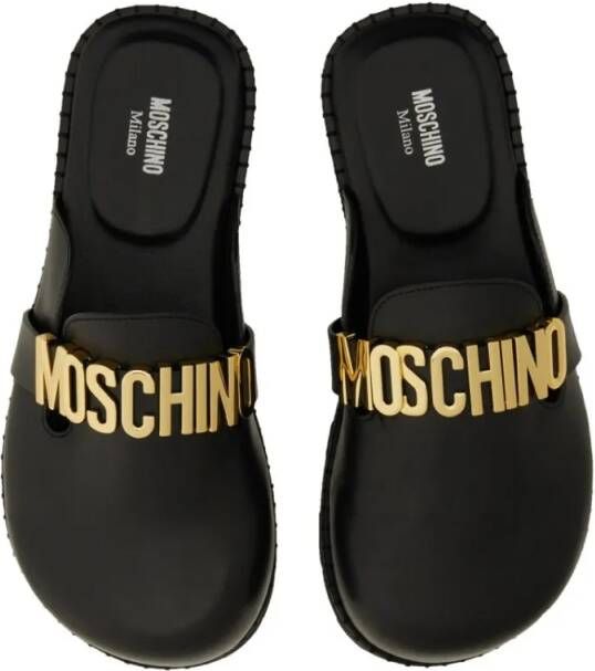 Moschino Sandalen Black Leather Sandal With Logo Detail in zwart