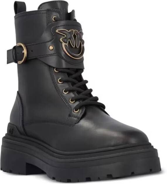 Pinko Boots Chunky Platform Black Leather Boots With Decorativ in zwart