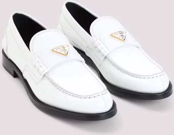 Prada Calf Leather White Loafers With Logo Embellishment in wit