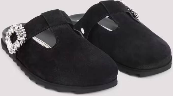 Roger Vivier Black Suede Slippers With Crystal Embellishments in zwart