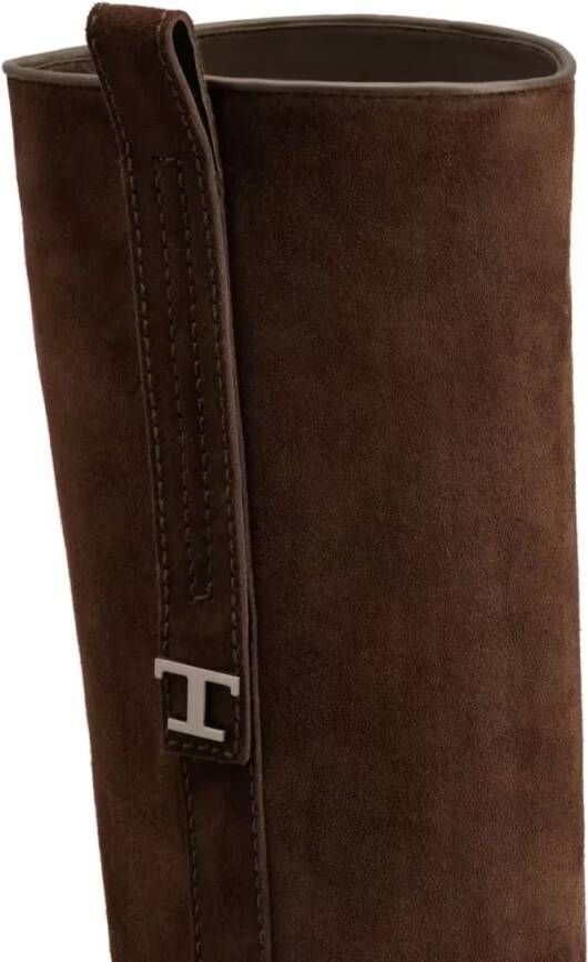TOD'S Boots Long Brown Leather Boots With Strap Detail in bruin