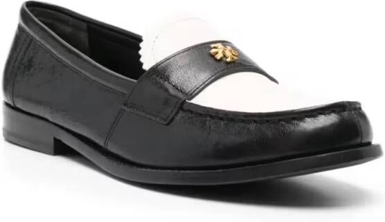 TORY BURCH Black Leather Loafers With Decorative Emblem in zwart