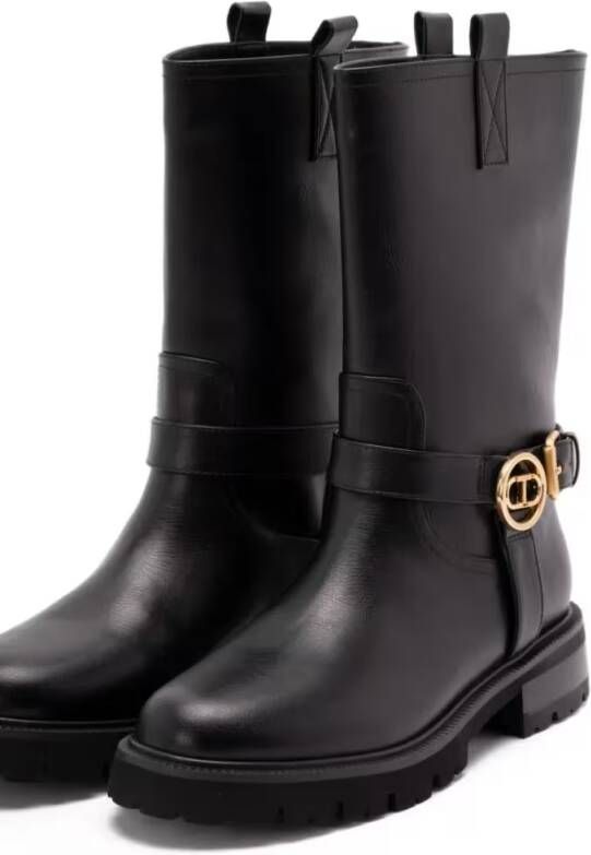 Twin-Set Boots Mid-Calf Black Leather Boots With Buckle Fastening in zwart