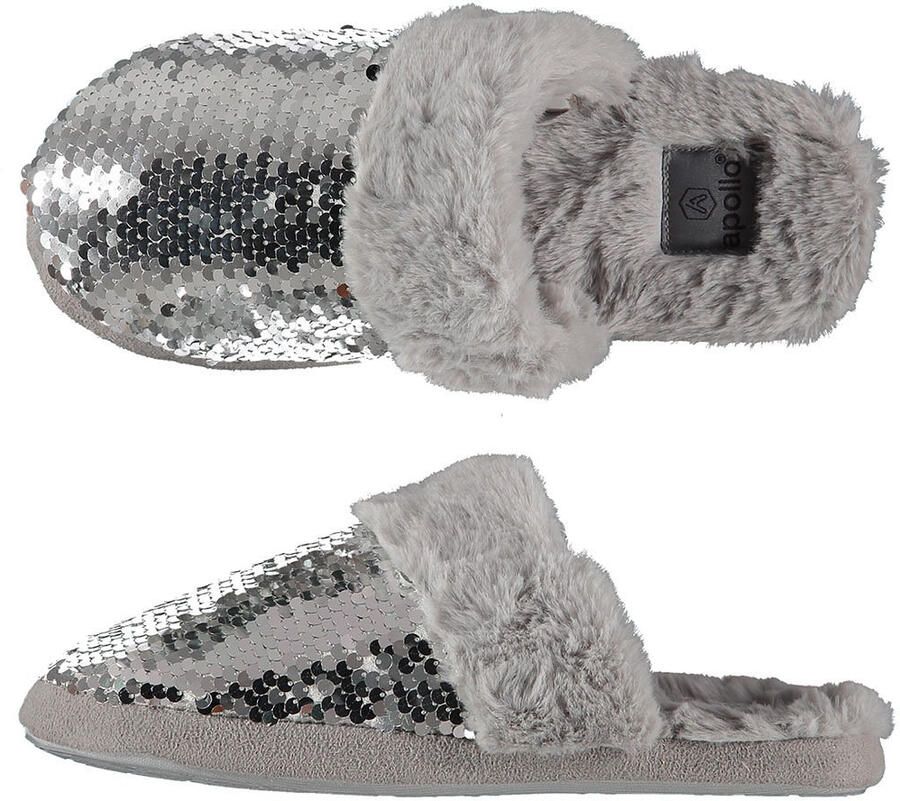Apollo Dames instap slippers pantoffels met pailletten grijs