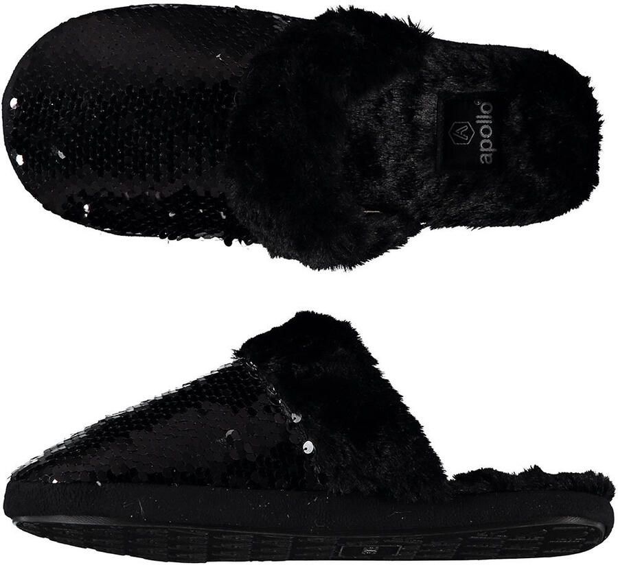 Apollo Dames instap slippers pantoffels met pailletten zwart