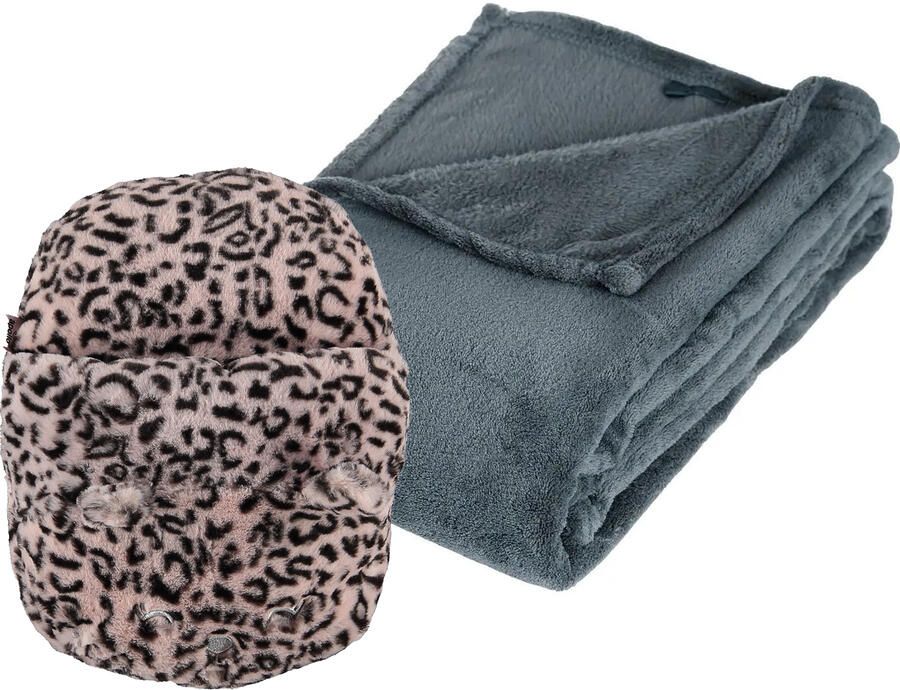 Apollo Fleece deken blauwgrijs 125 x 150 cm met voetenwarmer slof cheetah one size