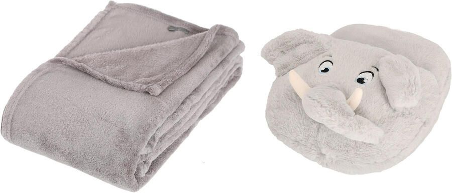 Apollo Fleece deken grijs 125 x 150 cm met voetenwarmer slof olifant one size
