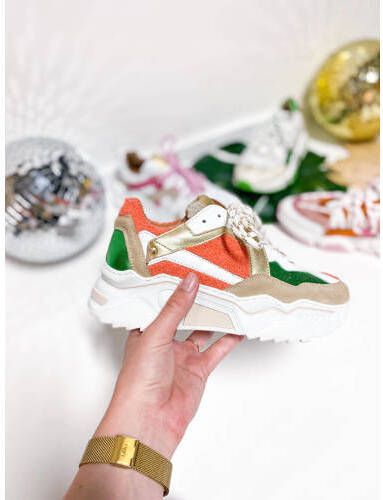 DWRS PLUTO terry chunky leren sneakers met teddy beige grijs Oranje Meisjes Leer 38