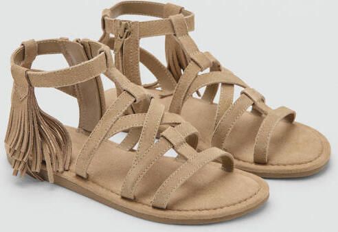 Mango Kids leren sandalen met franjes lichtbruin Meisjes Leer Effen - Foto 4
