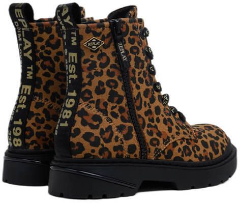 REPLAY Joplin 16D veterboots cognac zwart Bruin Meisjes Suèdelook Dierenprint - Foto 7