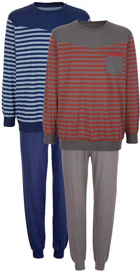 G Gregory Pyjama's per 2 stuks met modieus streepdessin Donkergrijs Rood Blauw Lichtblauw