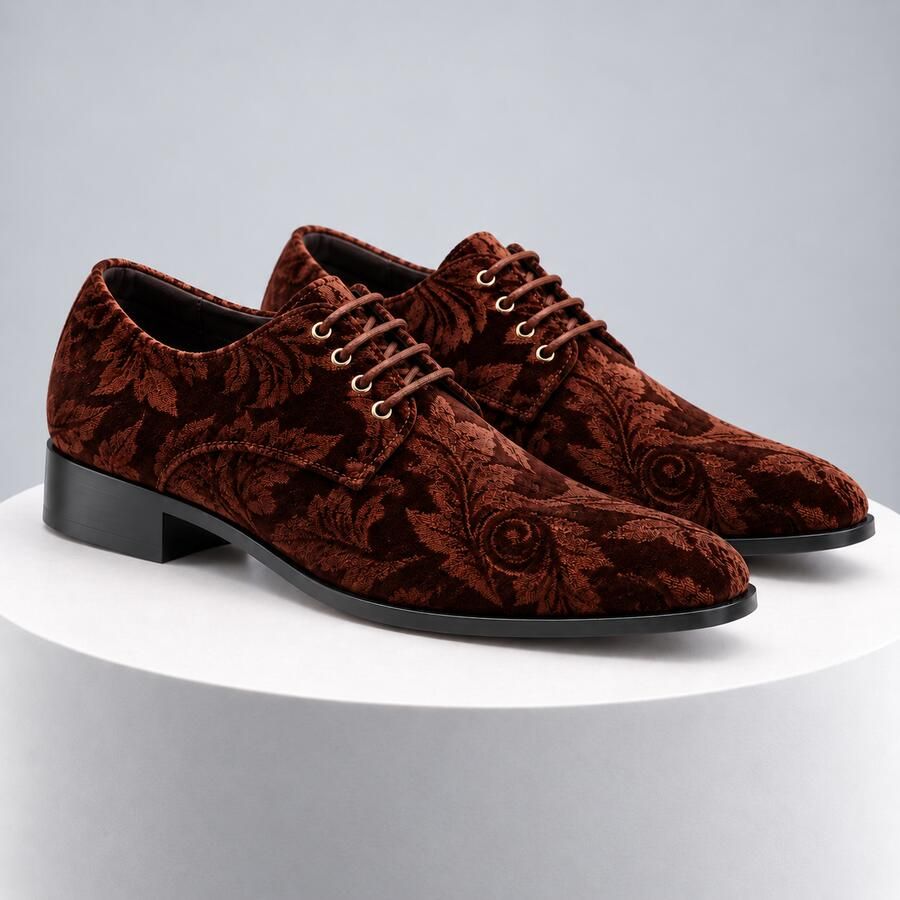 Lureaux Brown Velvet Paisley Handgemaakte Nette Schoenen Voor Heren