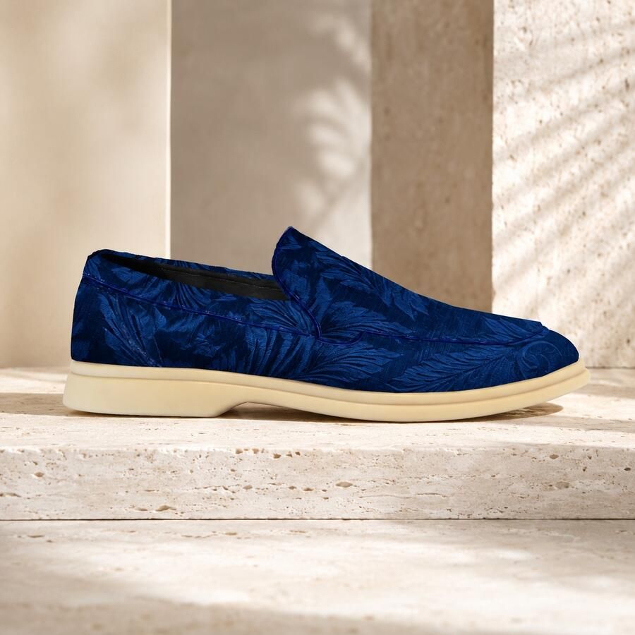 Lureaux Indigo Velvet Paisley Loafer Handgemaakte Nette Schoenen Voor Heren
