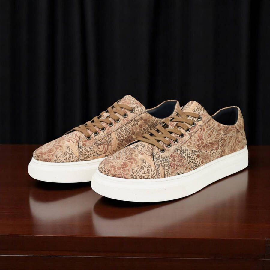 Lureaux Sand Paisley Panther Sneakers Handgemaakte Nette Schoenen Voor Heren