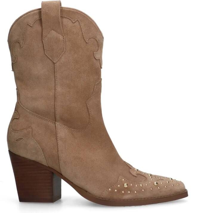 Manfield Dames Beige suède cowboylaarzen met goudkleurige studs - Foto 3