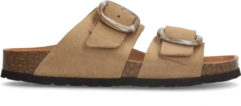 Manfield Beige suède slippers met gesp