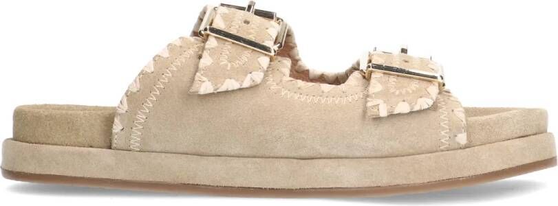 Manfield Beige suède slippers met witte details