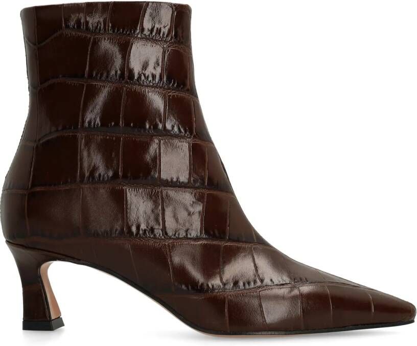 Manfield Dames Bruine leren croco enkellaarsjes met hak - Foto 2