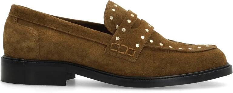 Manfield Dames Bruine suède loafers met goudkleurige studs - Foto 4