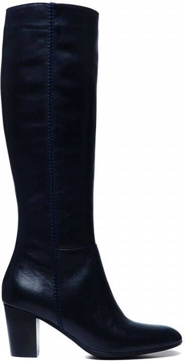 Manfield Donkerblauwe hoge laarzen met hak met smalle schacht - Schoenen.nl