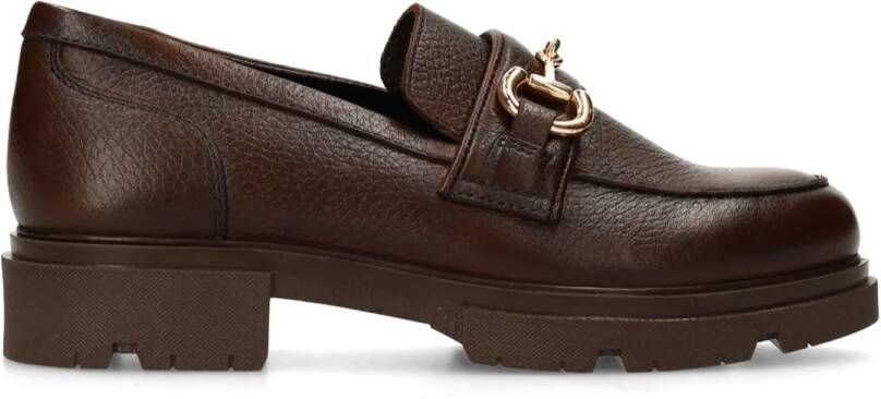 Manfield Dames Donkerbruine leren loafers met gouden chain