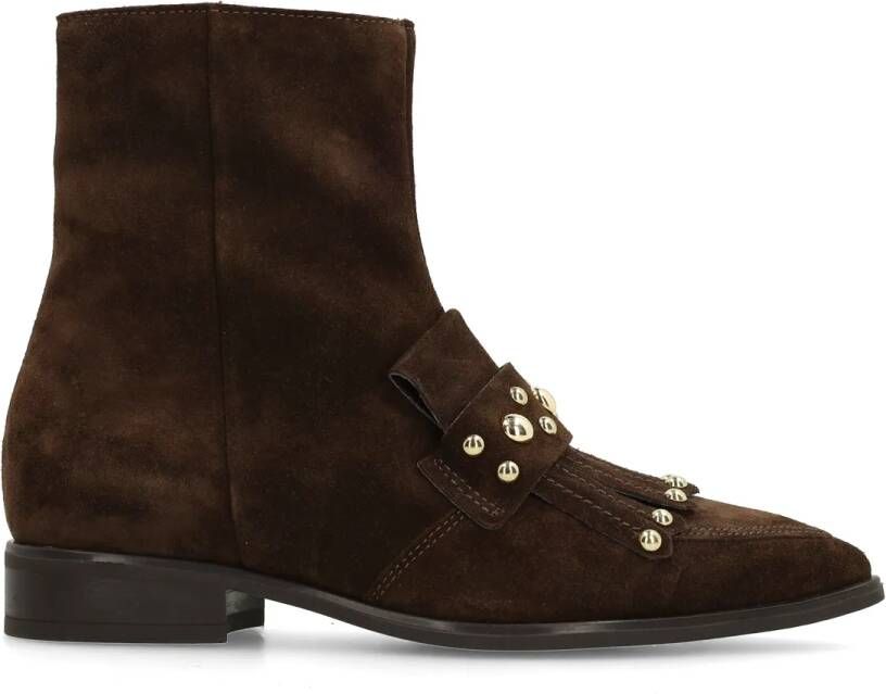 Manfield Dames Donkerbruine suède enkellaarsjes met studs