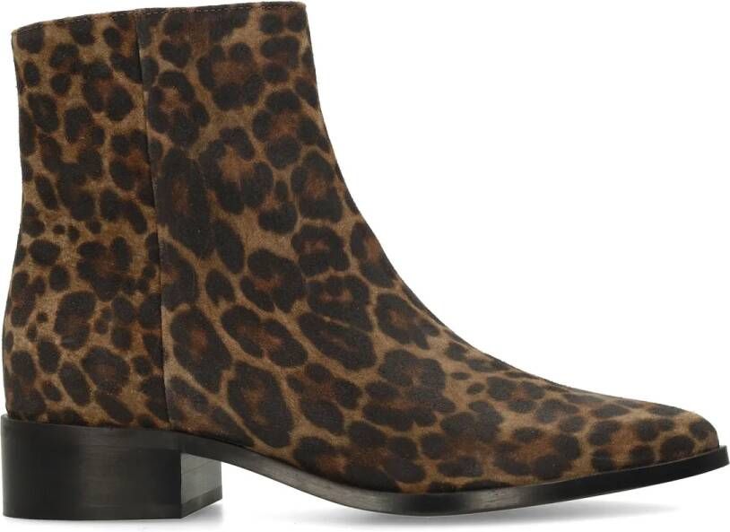 Manfield suède enkellaarzen met panterprint cognac zwart