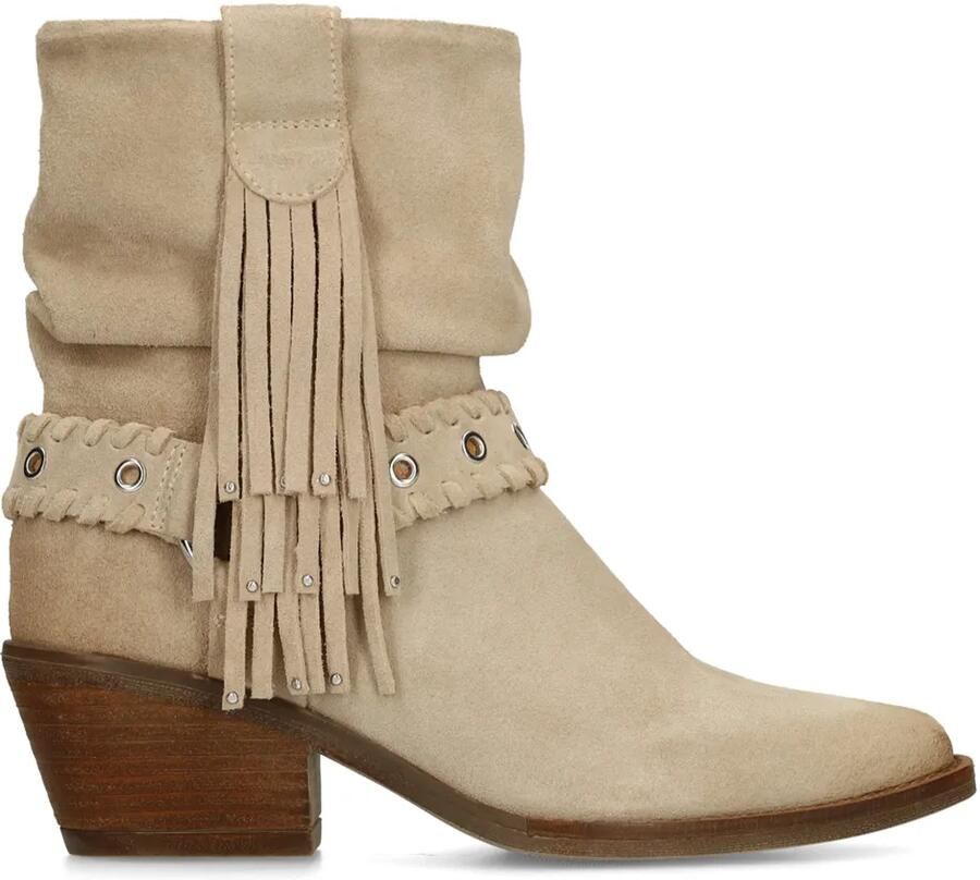 Manfield Dames Beige suède enkellaarsjes met franjes