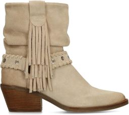 Manfield Dames Beige suède enkellaarsjes met franjes