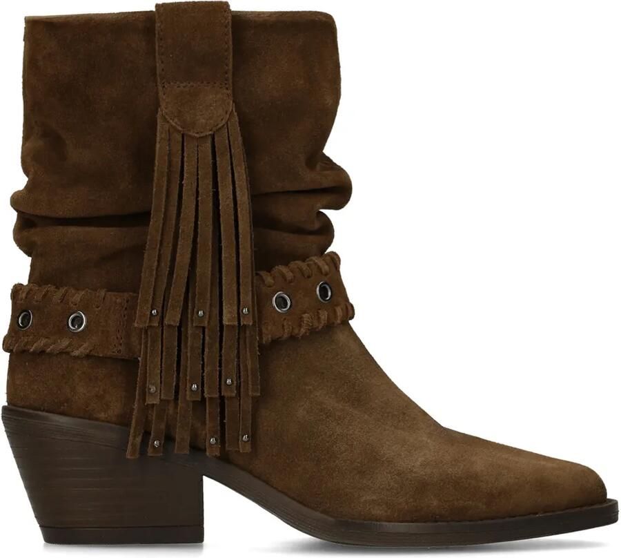Manfield Dames Bruine suède enkellaarsjes met boho details