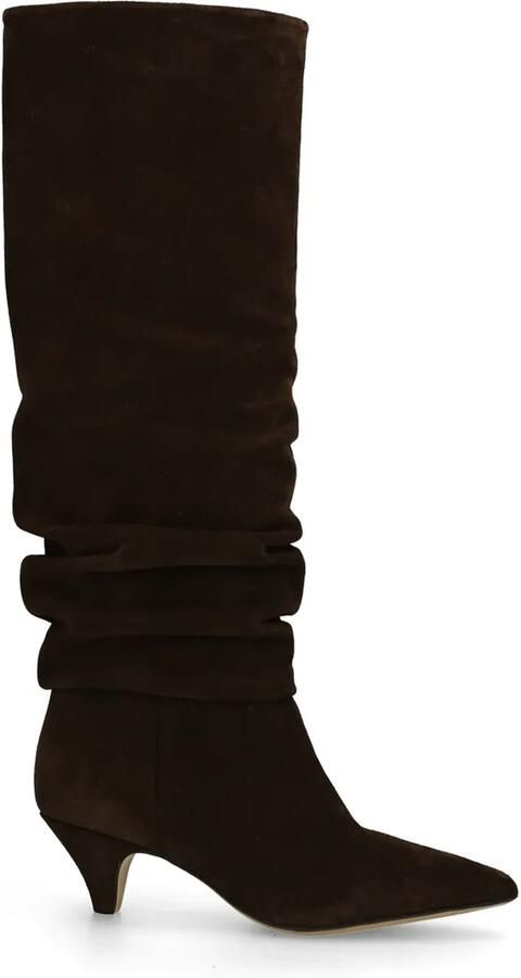 Manfield Dames Donkerbruine suède hoge laarzen met kittenheel