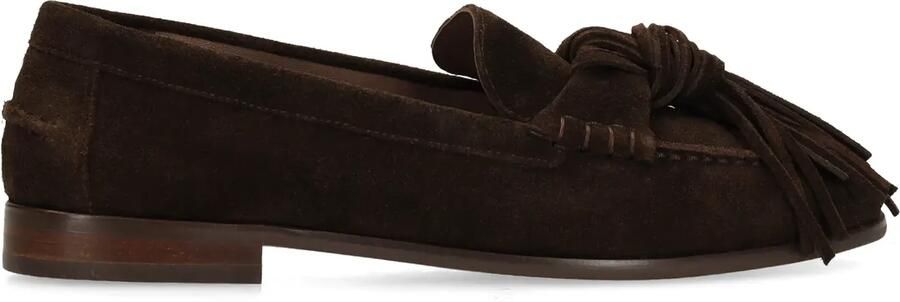 Manfield Dames Donkerbruine suède loafers met franjes - Foto 4