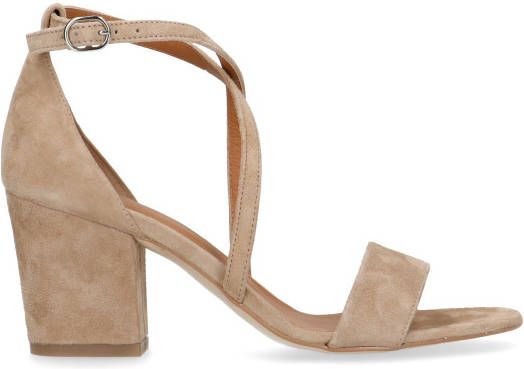 Manfield Taupe suède sandalen met hak en bandjes - Schoenen.nl