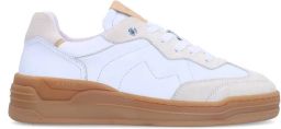 Manfield Dames Witte leren sneakers met beige suéde details