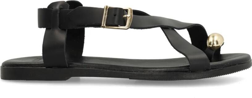 Manfield Zwart leren sandalen met goudkleurig detail