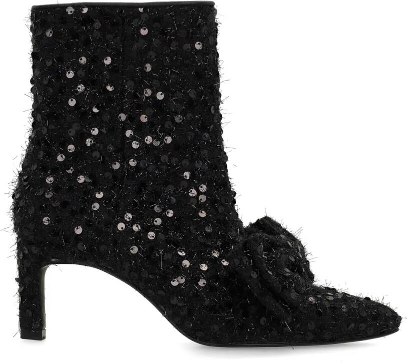 Manfield Dames Zwarte glitter enkellaarsjes met hak