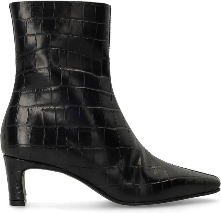 Manfield Zwarte leren croco enkellaarsjes met hak