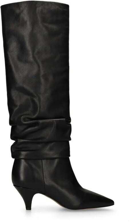 Manfield Dames Zwarte leren hoge laarzen met kittenheel