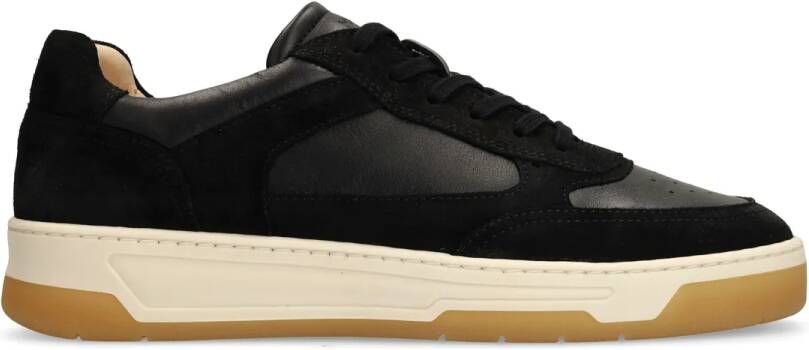 Manfield Heren Zwarte leren sneakers met suède details