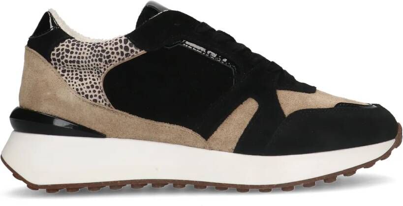 Manfield Zwarte suède sneakers met lakleren details