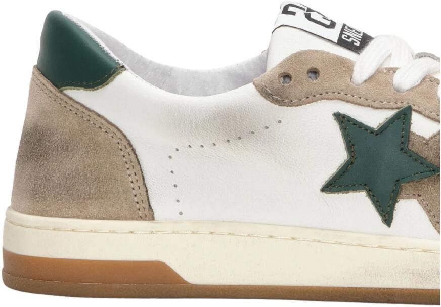2Star Witte leren sneakers met taupe en groene suède details