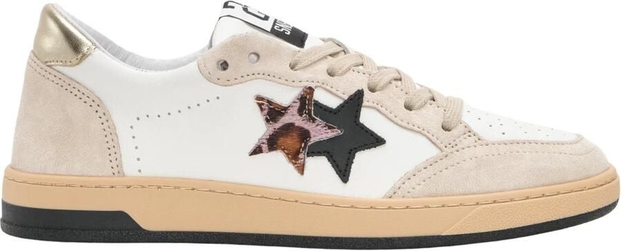2Star Witte leren sneakers met beige zwart en luipaarddetails