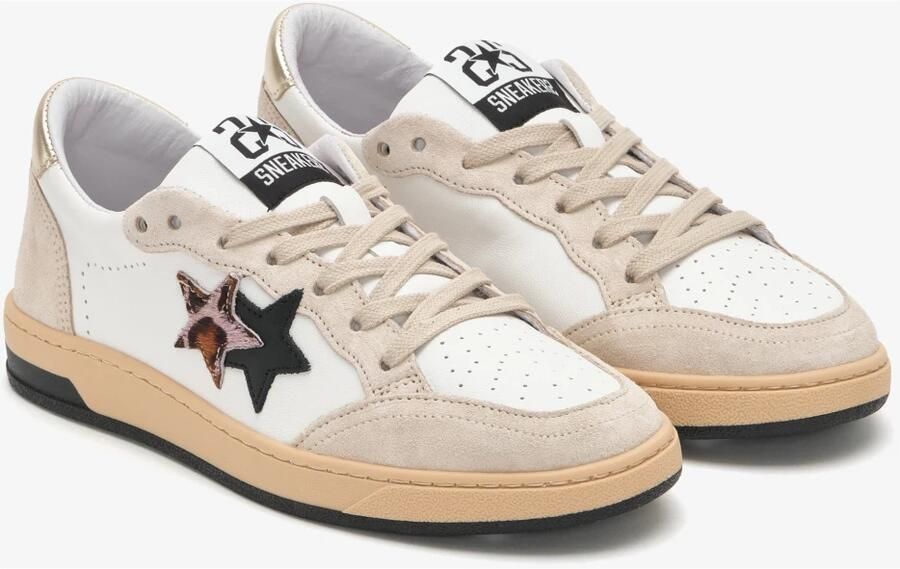 2Star Witte leren sneakers met beige zwart en luipaarddetails - Foto 3