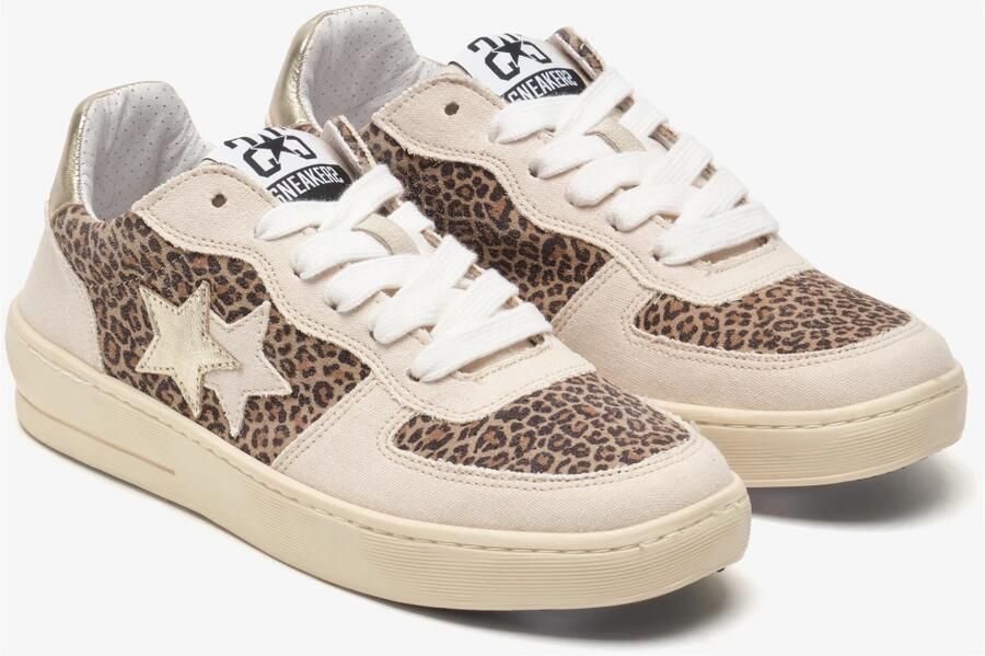 2Star Luipaardprint Canvas Sneaker Beige met Gouden Details