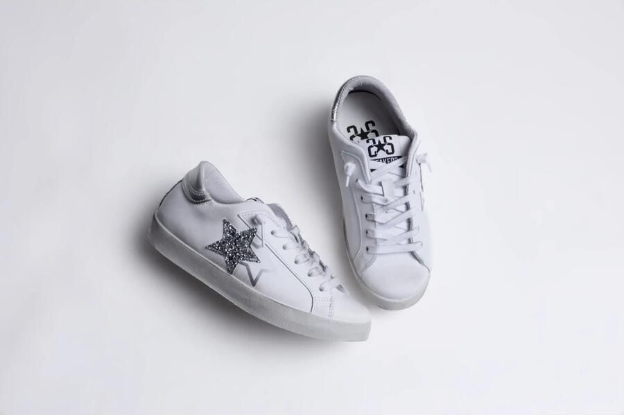 2Star Witte Leren Lage Sneakers met Zilveren Glitterdetails - Foto 4